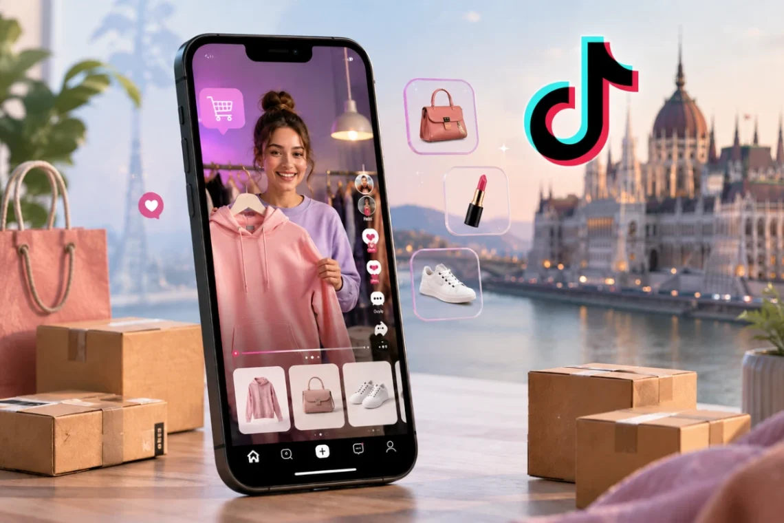 TikTok Shop Magyarországon, online vásárlás és közösségi kereskedelem okostelefonos bemutatóval, csomagokkal és TikTok logóval.