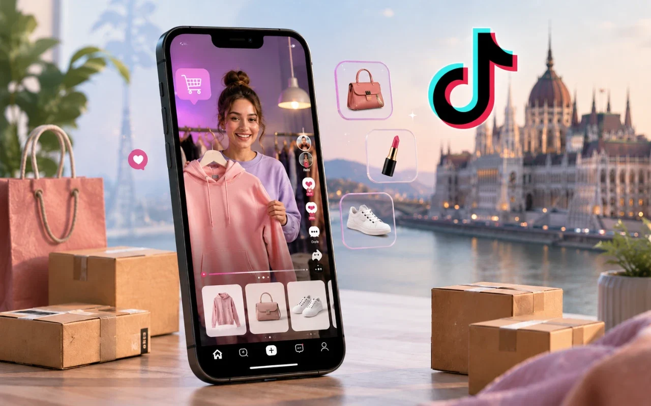 TikTok Shop Magyarországon, online vásárlás és közösségi kereskedelem okostelefonos bemutatóval, csomagokkal és TikTok logóval.